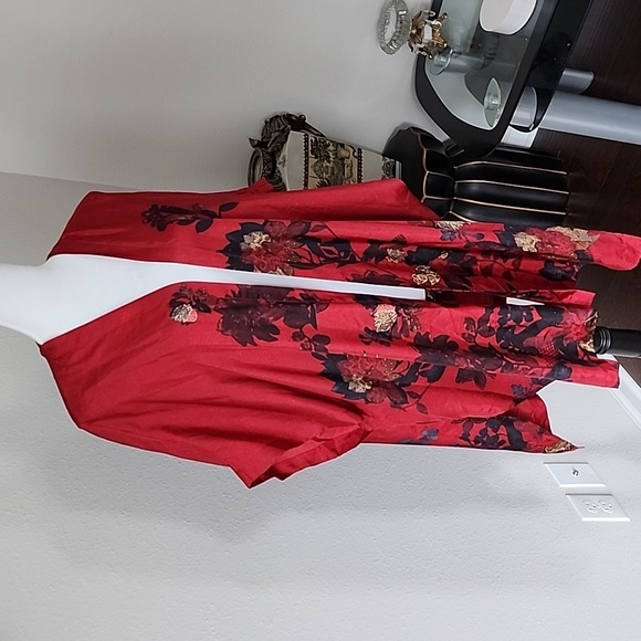 Chico's Red Floral Ruana Silk Poncho - Picture 5 of 16